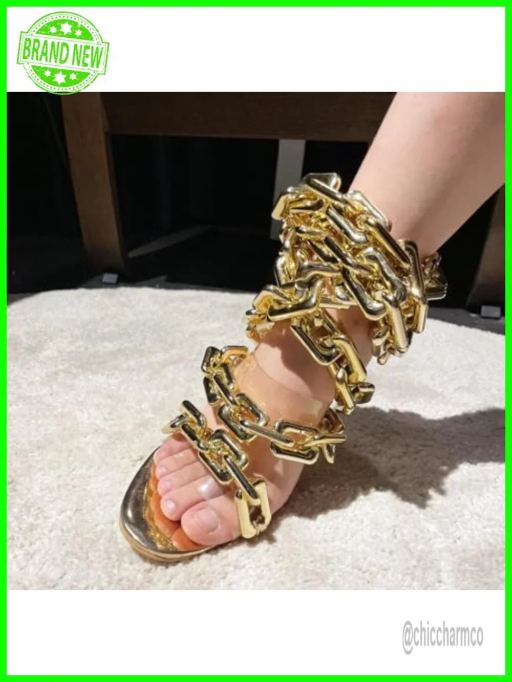 Lace Up Clear PVC Stiletto Heeled Sandals with Gold Chain